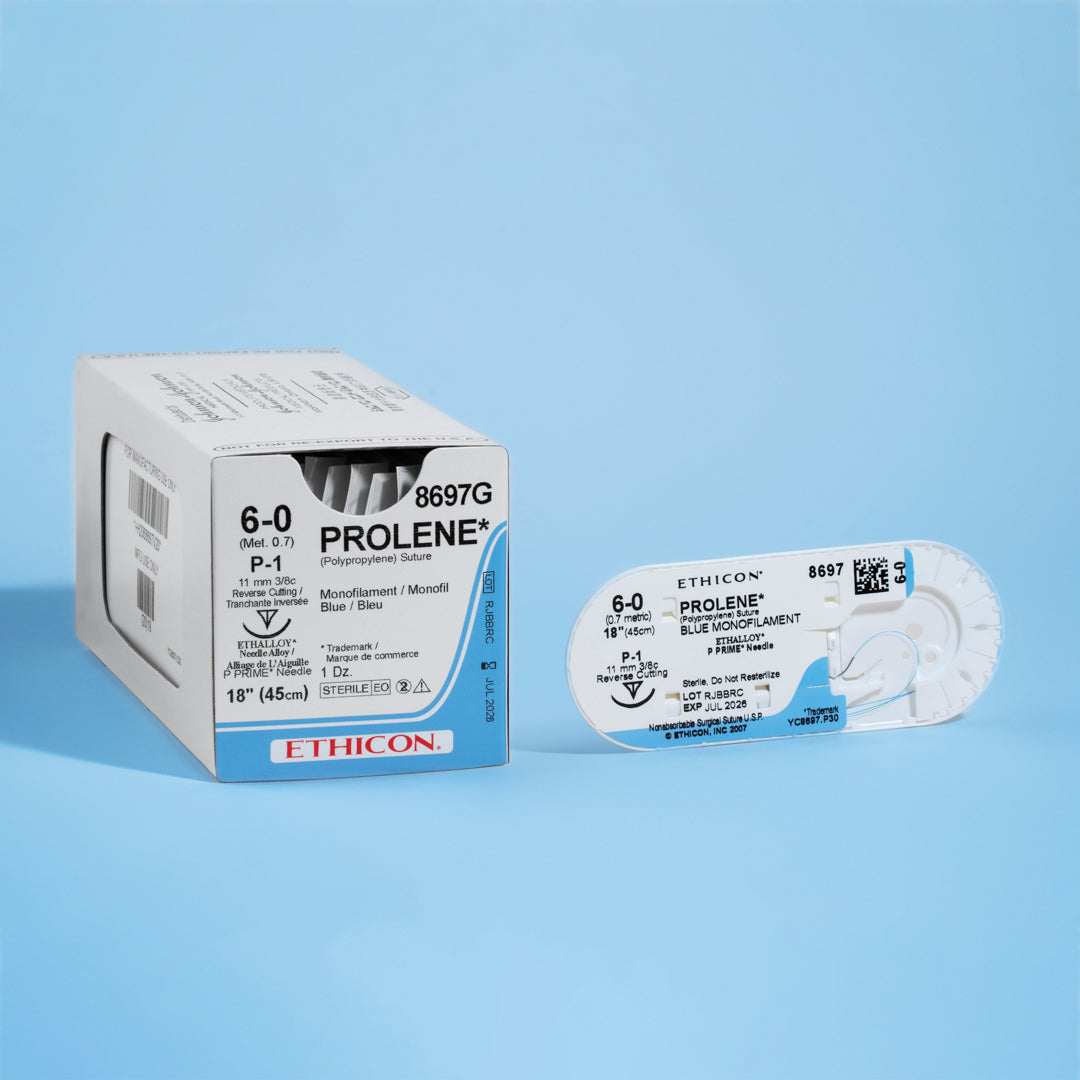 Box of PROLENE® 6-0 Blue Polypropylene Sutures, model 8697G, featuring ultra-fine sutures equipped with an 11mm P-1 ultra-precision reverse cutting needle, designed for the most delicate surgical applications, ensuring optimal outcomes with minimal tissue disturbance.