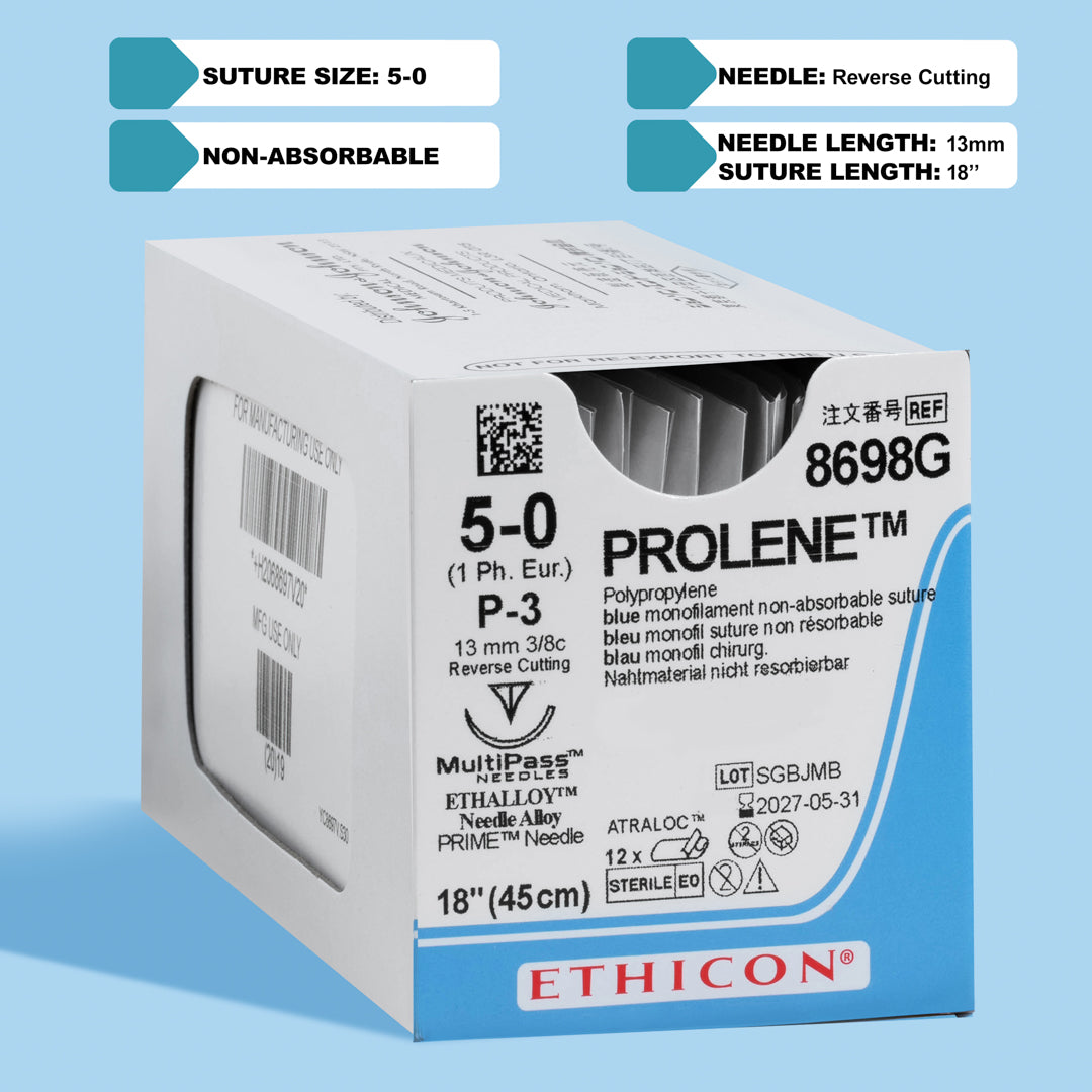 Suture en prolène bleu 5-0, aiguille P-3 de 45 cm | 8698G