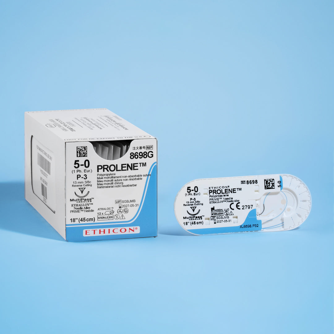 PROLENE® 5-0 Blue Polypropylene Suture pack, model 8698G, featuring high-quality sutures paired with a precision 13mm P-3 reverse cutting needle, ready for detailed surgical work in dermatology, dental procedures, and general surgery, ensuring lasting and secure tissue approximation.