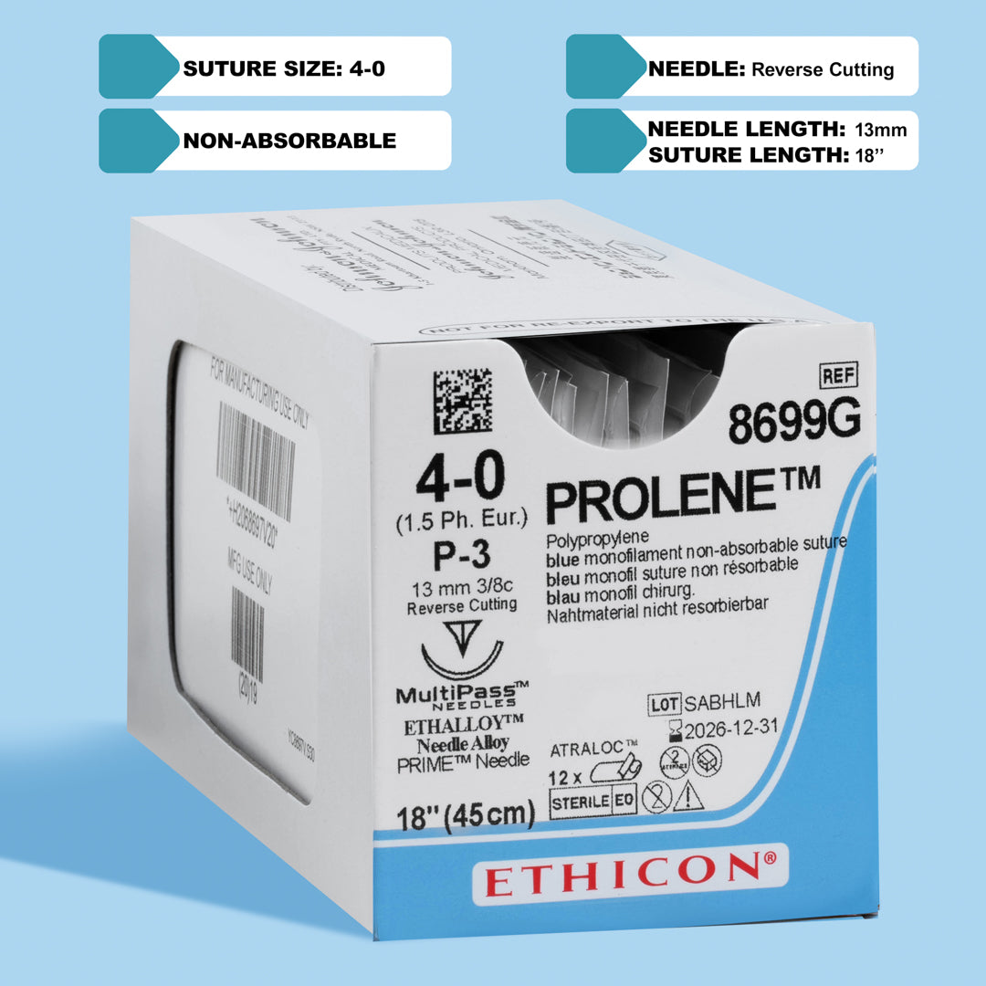 PROLENE® 4-0 Blue Polypropylene Suture pack, model 8699G, equipped with durable sutures and a sharp 13mm P-3 reverse cutting needle, tailored for a broad range of surgical applications including abdominal, hernia, and cosmetic surgeries, focusing on secure, long-term tissue support and fine aesthetic finishes.