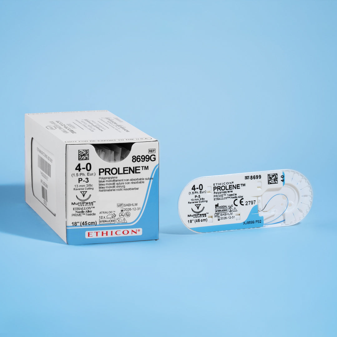 PROLENE® 4-0 Blue Polypropylene Suture pack, model 8699G, equipped with durable sutures and a sharp 13mm P-3 reverse cutting needle, tailored for a broad range of surgical applications including abdominal, hernia, and cosmetic surgeries, focusing on secure, long-term tissue support and fine aesthetic finishes.