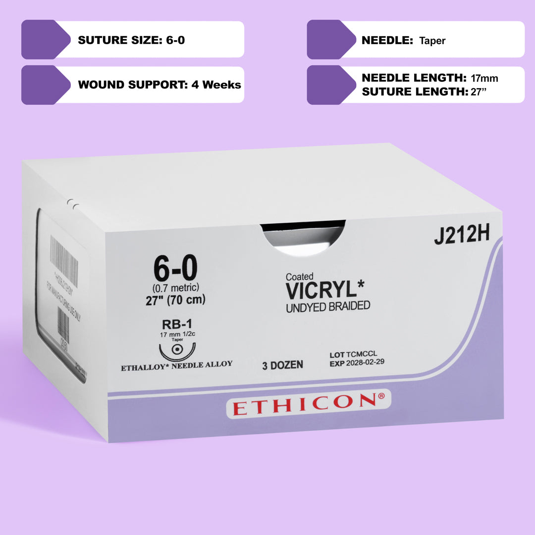 Box of COATED VICRYL® 6-0 Undyed Sutures, model J212H, featuring extra fine sutures with a 17mm RB-1 taper point needle, ideal for delicate surgical applications requiring precise tissue approximation and minimal scarring, packaged in quantities of 36 for extensive clinical use.