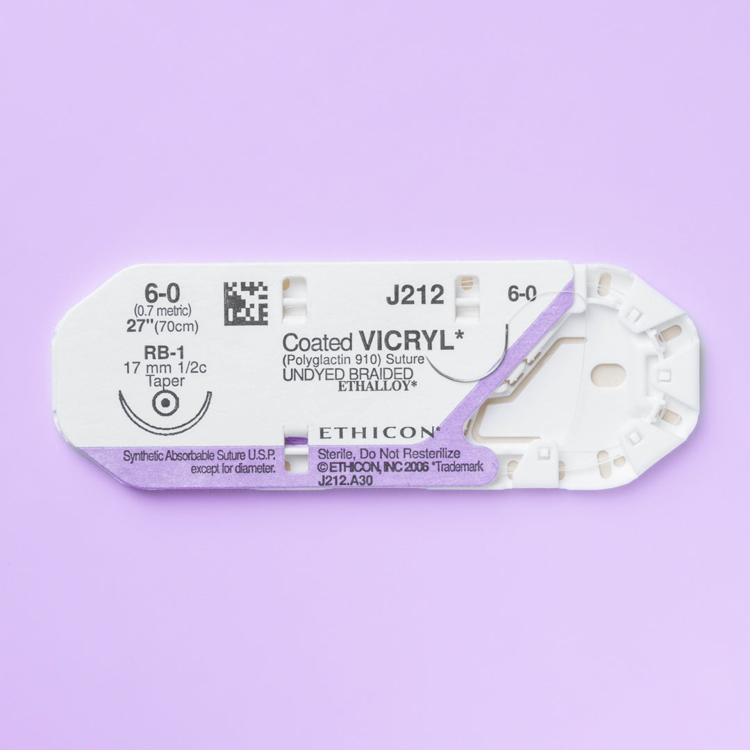 Box of COATED VICRYL® 6-0 Undyed Sutures, model J212H, featuring extra fine sutures with a 17mm RB-1 taper point needle, ideal for delicate surgical applications requiring precise tissue approximation and minimal scarring, packaged in quantities of 36 for extensive clinical use.