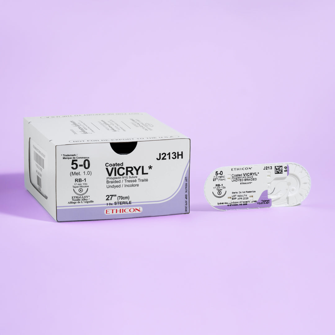 Box of COATED VICRYL® 5-0 Undyed Sutures, model J213H, with 27-inch long sutures and a 17mm RB-1 taper point needle, optimized for a wide range of surgical applications from plastic surgery to pediatric and dental procedures, ensuring minimal tissue reaction and optimal healing, available in a bulk package of 36 for efficient clinical use.