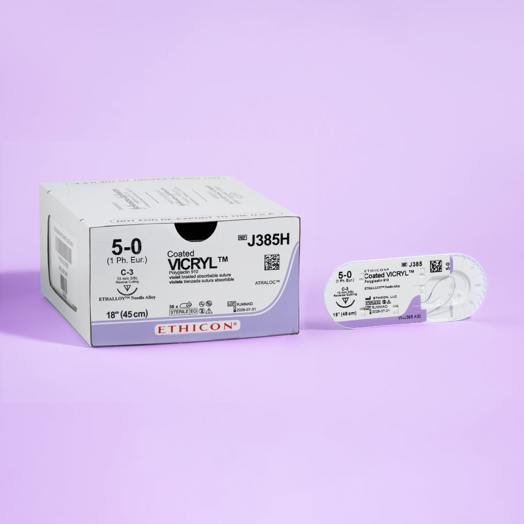 Box of COATED VICRYL® 5-0 Violet Sutures, model J385H, showcasing the distinct violet-colored threads attached to a sharp 13mm C-3 reverse cutting needle, designed for precise tissue approximation in surgeries requiring high visibility and minimal tissue reaction, packaged in quantities of 36 to accommodate extensive surgical needs.