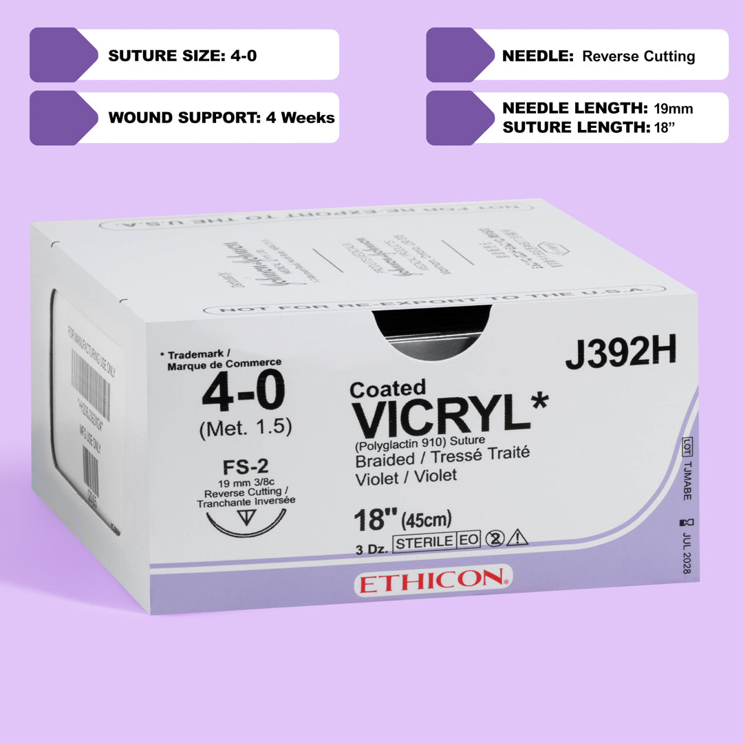 COATED VICRYL® 4-0 Violet Sutures, model J392H, featuring medium-gauge, violet-colored threads linked to a 19mm FS-2 reverse cutting needle. Designed for a wide range of surgical applications needing precise tissue approximation and minimal scarring, this package of 36 sutures meets the high demands of healthcare professionals