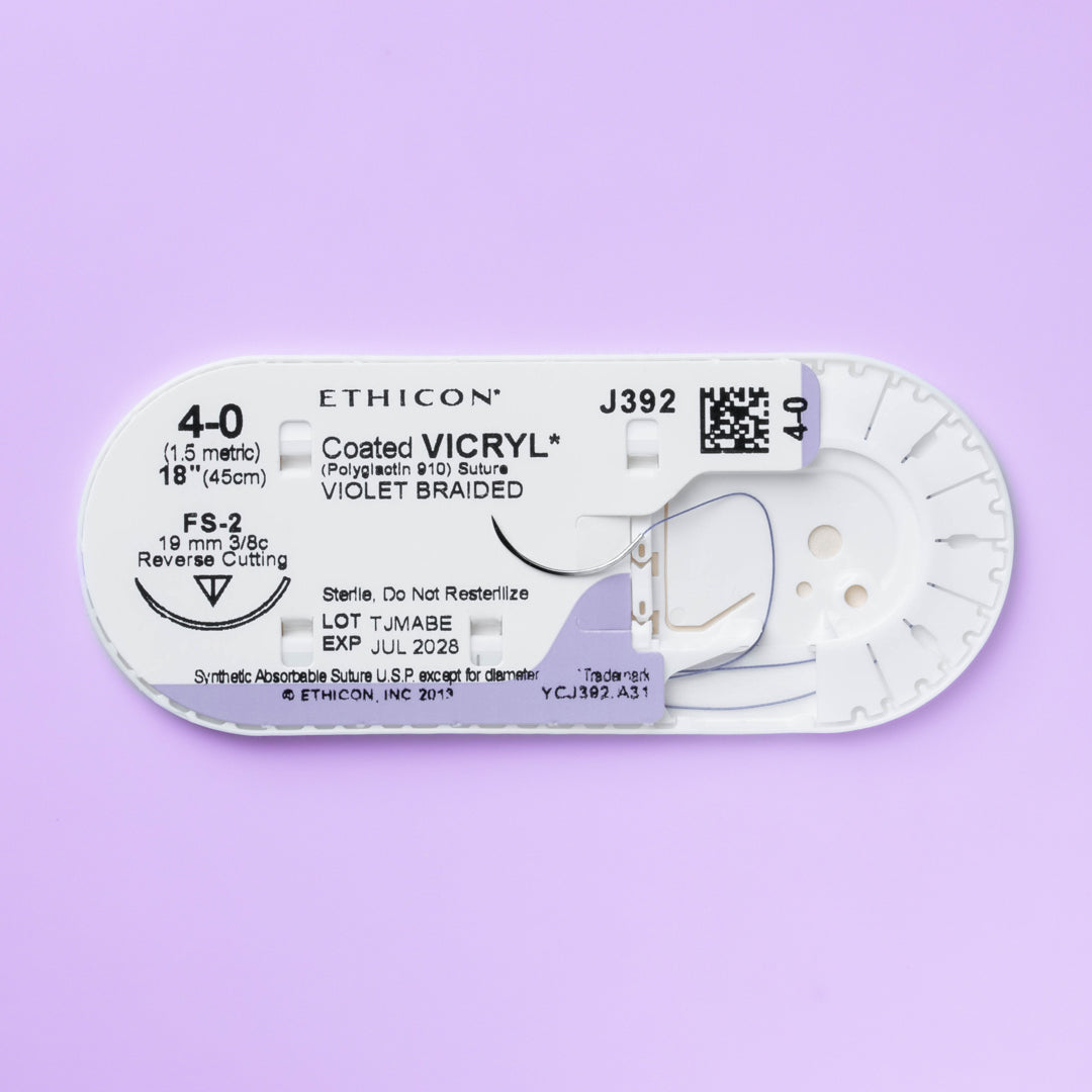COATED VICRYL® 4-0 Violet Sutures, model J392H, featuring medium-gauge, violet-colored threads linked to a 19mm FS-2 reverse cutting needle. Designed for a wide range of surgical applications needing precise tissue approximation and minimal scarring, this package of 36 sutures meets the high demands of healthcare professionals