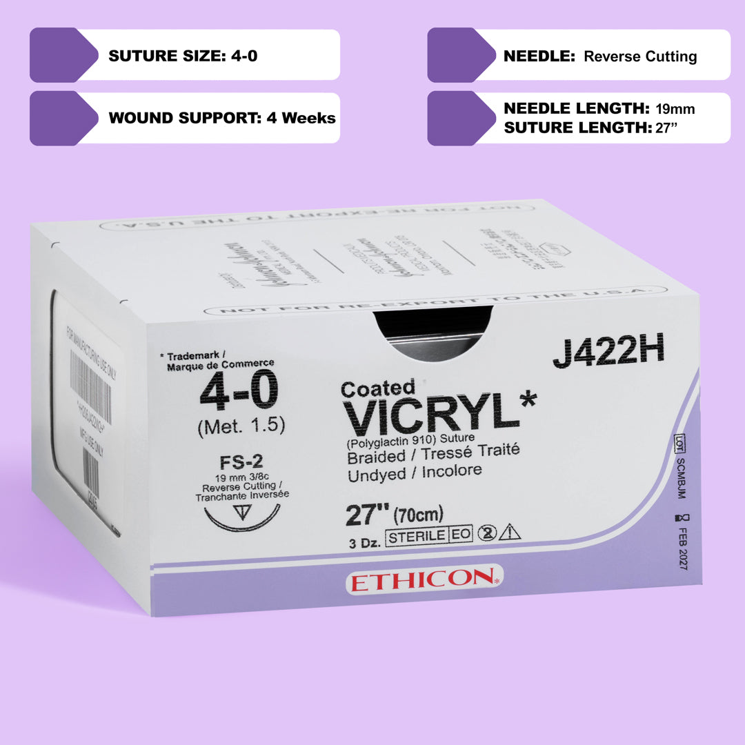 Box of COATED VICRYL® 4-0 Undyed Sutures, model J422H, equipped with a 27-inch FS-2 reverse cutting needle, designed for a broad spectrum of surgical procedures. The undyed material signifies its suitability for ensuring natural healing processes, packaged in quantities of 36 to support extensive medical use