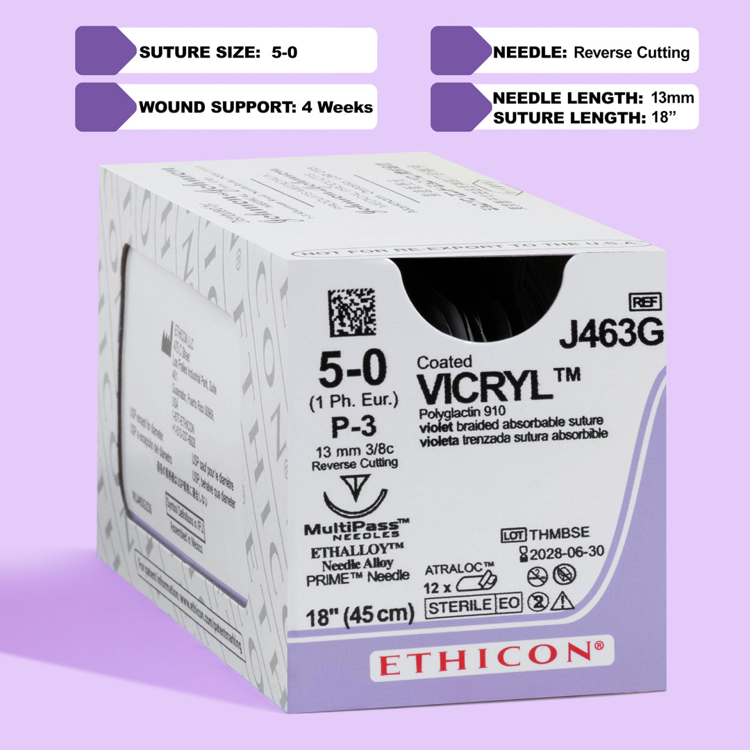 Box of COATED VICRYL® 5-0 Violet Sutures, model J463G, displaying the sutures equipped with a 13mm P-3 prime reverse cutting needle. The sutures' violet color enhances visibility during surgery, packaged in a set of 12 for specialized surgical applications, emphasizing ease of use and patient comfort.