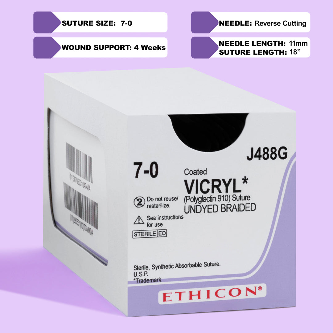 Box of COATED VICRYL® 7-0 Undyed Sutures, model J488G, showcasing ultra-fine sutures with an 11mm P-1 prime reverse cutting needle for microsurgical accuracy. The packaging emphasizes the sutures' absorbable nature and precision application in delicate surgical environments, ensuring optimal healing and aesthetic results.