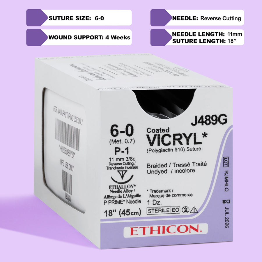 Suture 6-0 Vicryl non teint, aiguille P-1 de 45 cm | J489G
