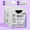 Close-up of COATED VICRYL® 5-0 Undyed Sutures, model J493G, featuring sutures with a 13mm P-3 prime reverse cutting needle. The packaging highlights the suture's advanced design for delicate surgical applications, emphasizing its absorbable nature and commitment to promoting effective and comfortable patient recovery.