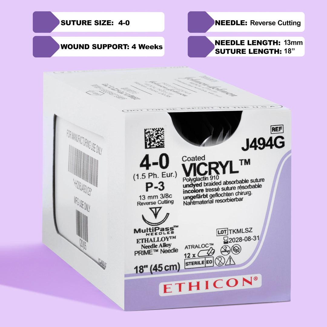 Image of COATED VICRYL® 4-0 Undyed Sutures, model J494G, displaying the sutures equipped with a 13mm P-3 prime reverse cutting needle. The visual emphasizes the suture's role in precise surgical procedures, highlighting its absorbable nature and engineered design for enhanced patient recovery and surgical success.