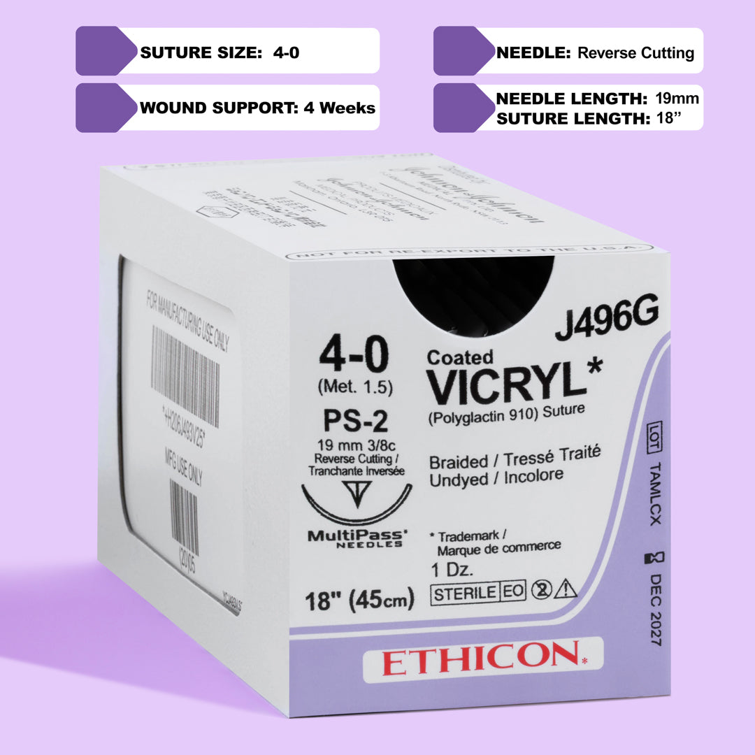 A bundle of 4-0 COATED VICRYL® undyed sutures, model J496G, with each thread meticulously attached to a 19mm PS-2 reverse cutting needle, packaged to uphold the highest standards of surgical care.