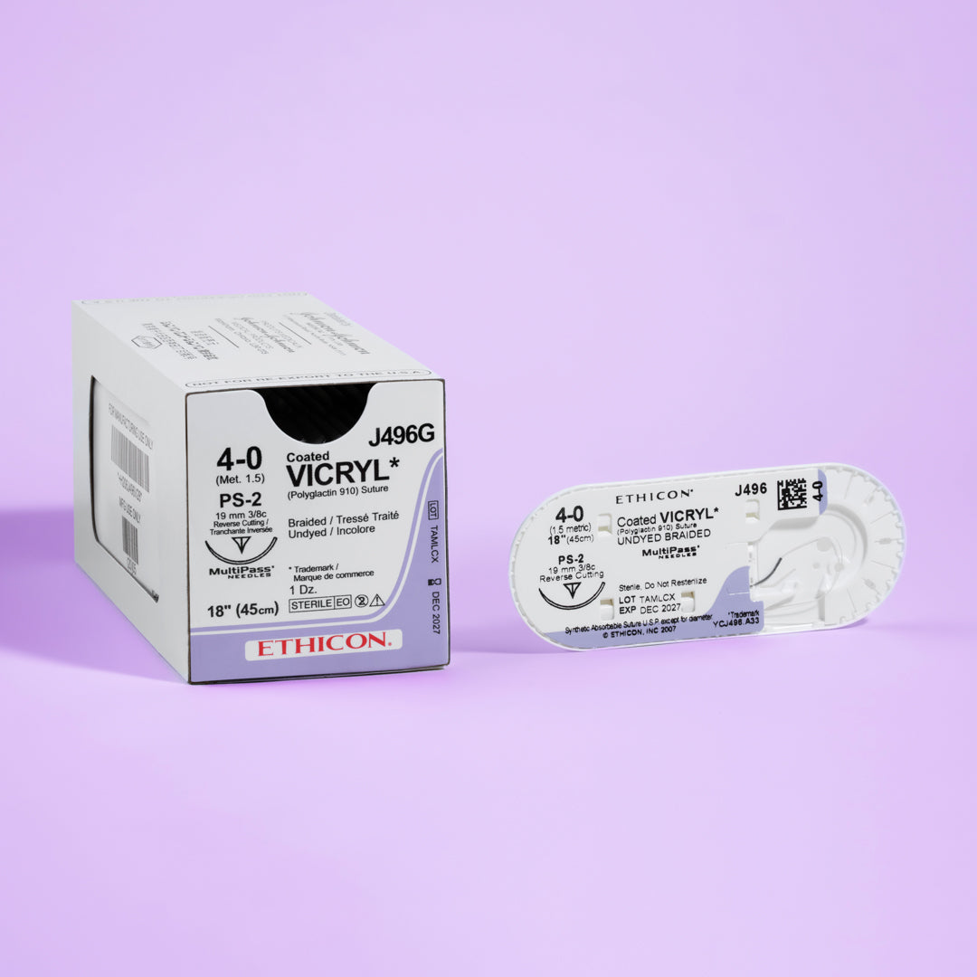 A bundle of 4-0 COATED VICRYL® undyed sutures, model J496G, with each thread meticulously attached to a 19mm PS-2 reverse cutting needle, packaged to uphold the highest standards of surgical care.