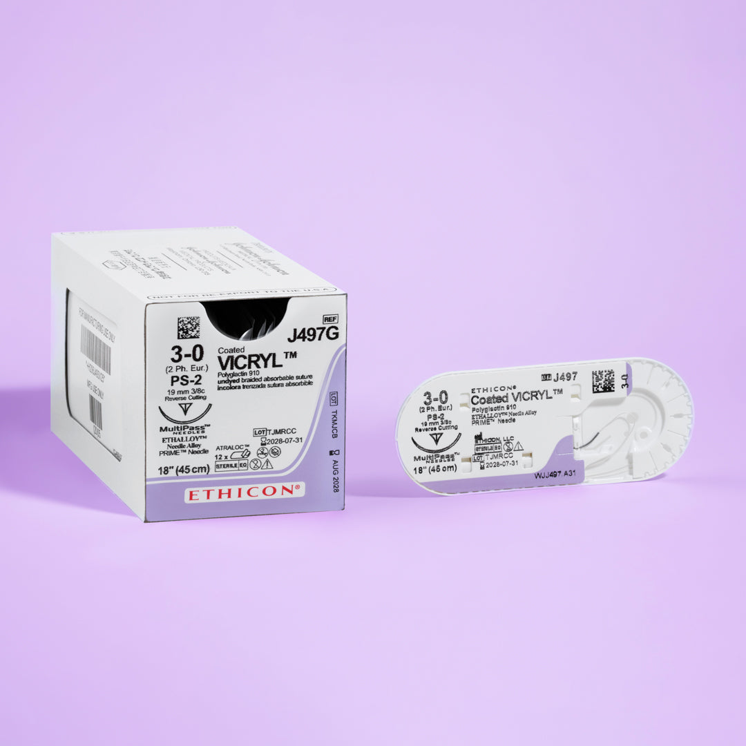 Pack of 3-0 COATED VICRYL® sutures, model J497G, featuring undyed threads attached to a 19mm PS-2 reverse cutting needle, prepared for high-precision surgical applications and designed for exceptional patient care.