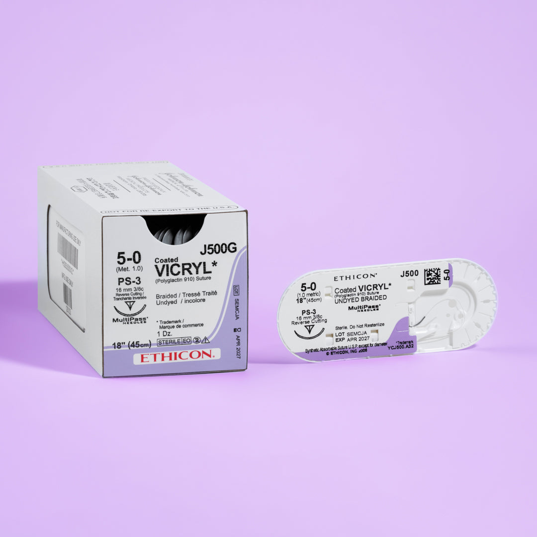 Packaging of COATED VICRYL® 5-0 undyed sutures, model J500G, with a 16mm PS-3 needle, designed for precise surgical applications and featuring absorbable polyglactin 910 material for effective wound closure.