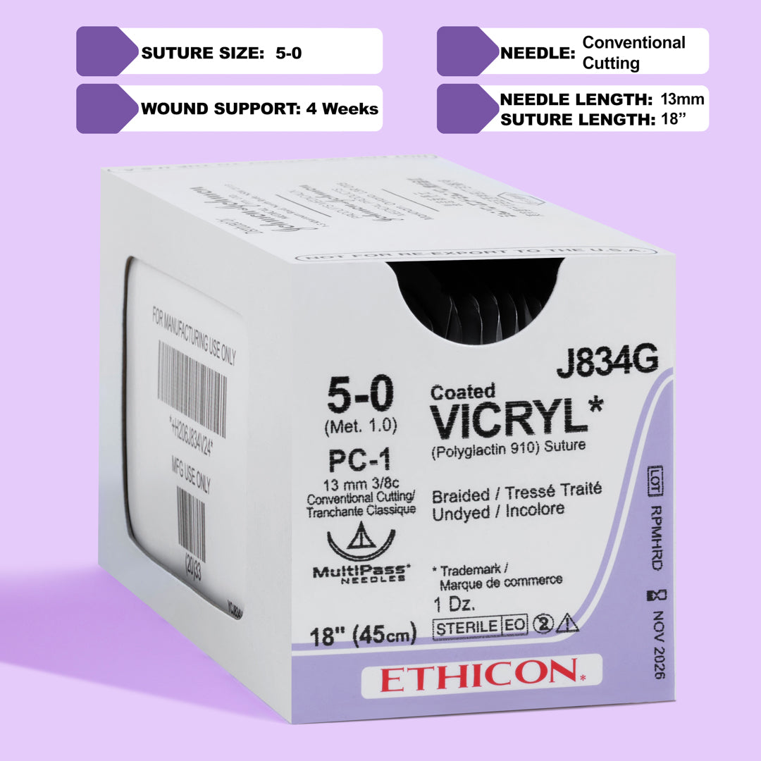 Packaging of COATED VICRYL® 5-0 undyed sutures, model J834G, showcasing the 13mm PC-1 conventional cutting needle. Designed for a broad spectrum of surgical applications, these sutures are highlighted for their absorbable material and commitment to surgical excellence.