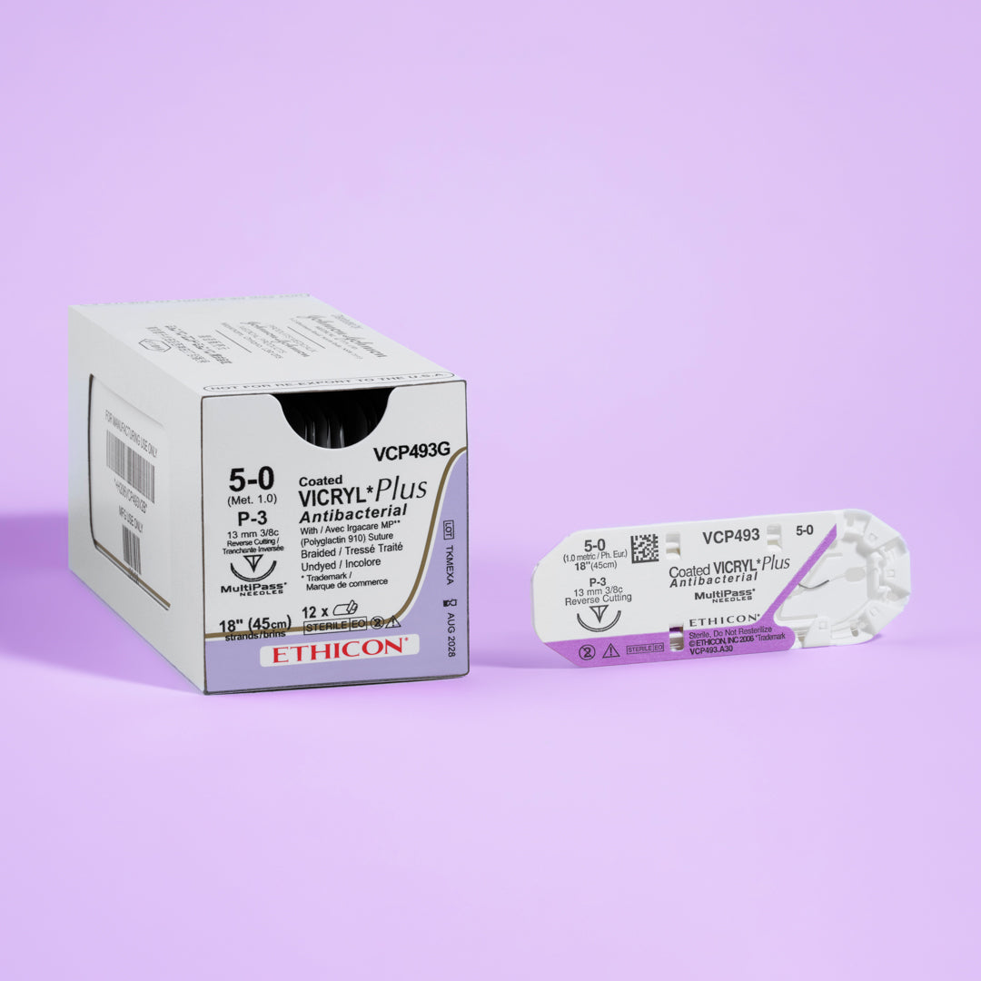 COATED VICRYL® Plus Antibacterial 5-0 undyed sutures, model VCP493G, with a 13mm P-3 reverse cutting needle, designed to offer enhanced infection control in various surgical applications. The packaging emphasizes the suture's dual benefits of reliable wound closure and antibacterial action.
