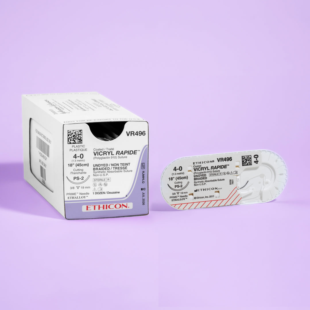 Box of 4-0 VICRYL RAPIDE™ Undyed Sutures, model VR496, showcasing the sutures equipped with a 19mm PS-2 reverse cutting needle. The packaging highlights the suture's rapid absorption properties, designed for quick-healing surgical applications.