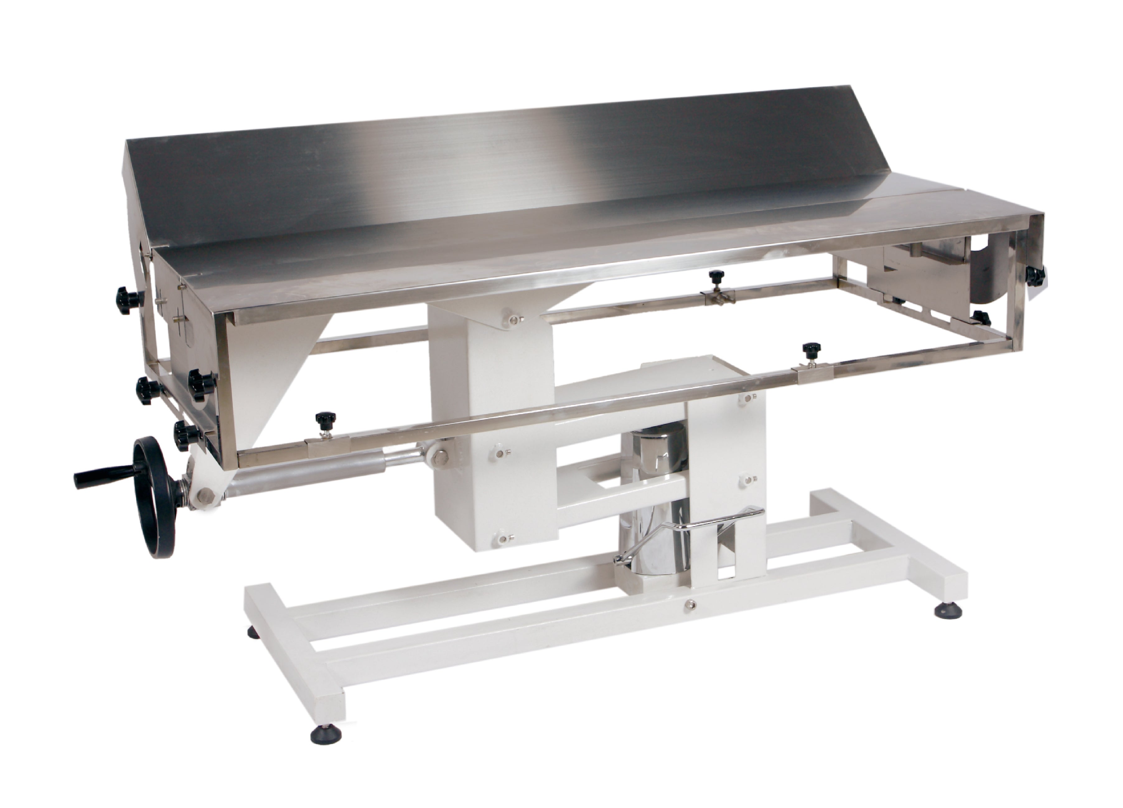 High-quality stainless steel veterinary surgery table with advanced features, including an adjustable lift system, fluid management, and durable construction.