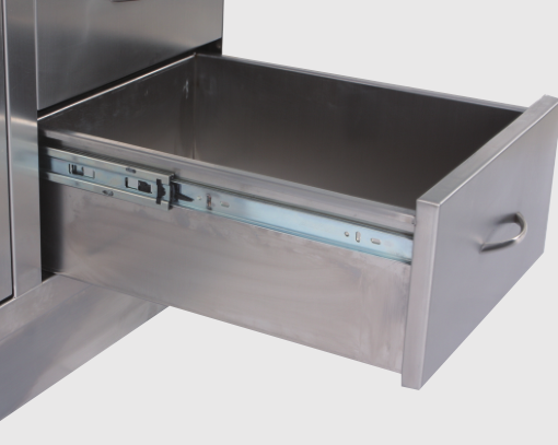 Durable stainless steel dental prep table with sloped basin, integrated storage, and customizable configurations for optimized workspace efficiency.