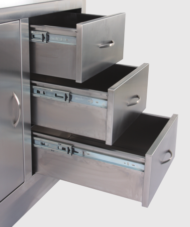 Stainless steel dental prep table with sloped basin, integrated drainage, storage drawers and cabinets, and optional faucet for enhanced utility.