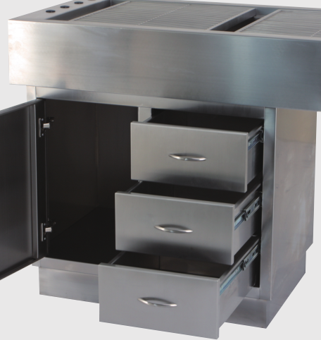 Durable stainless steel dental prep table with sloped basin, integrated storage, and customizable configurations for optimized workspace efficiency.