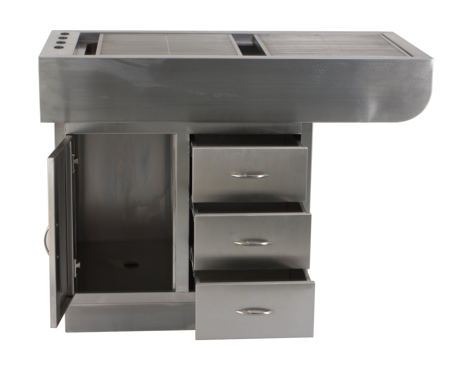 Stainless steel dental prep table with sloped basin, integrated drainage, storage drawers and cabinets, and optional faucet for enhanced utility.