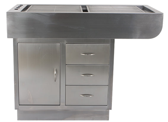 Stainless steel dental prep table with sloped basin, integrated drainage, storage drawers and cabinets, and optional faucet for enhanced utility.