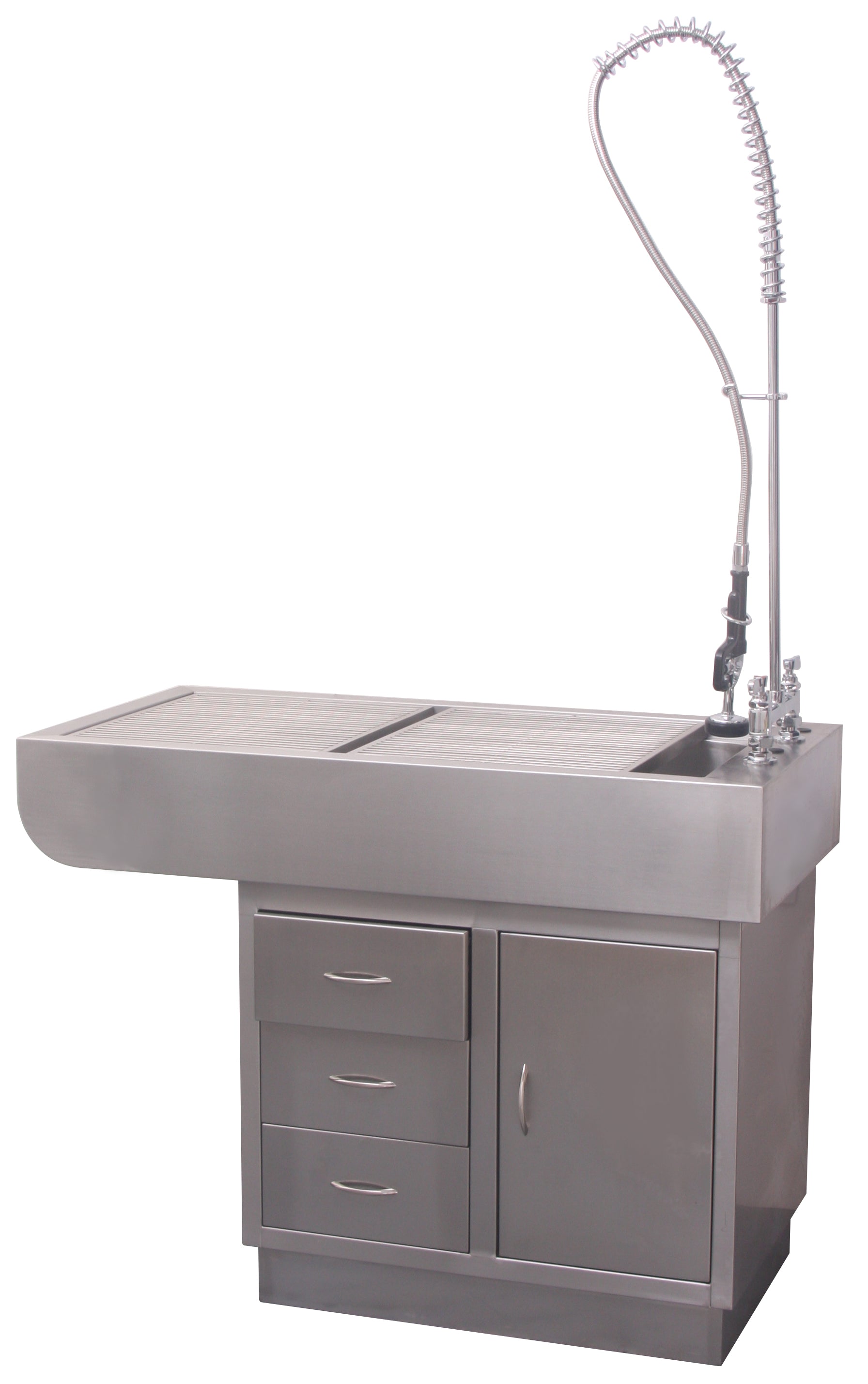 Stainless steel dental prep table with sloped basin, integrated drainage, storage drawers and cabinets, and optional faucet for enhanced utility.