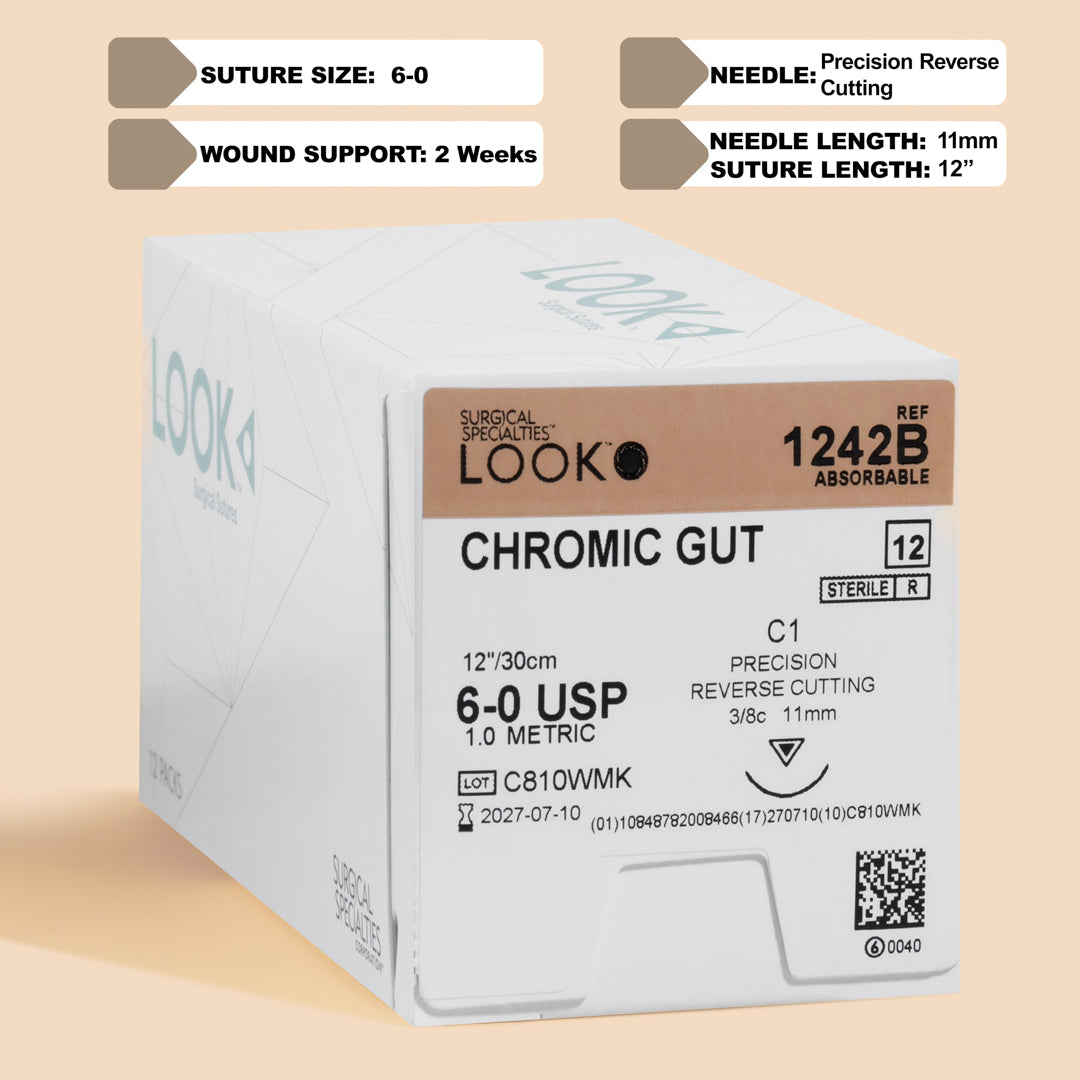 Box of 6-0 Chromic Gut sutures with a C1 precision reverse cutting needle, model 1242B, emphasizing the 2-week wound support duration and featuring a QR code for easy reference. The packaging highlights its sterility and absorbable nature tailored for delicate surgical procedures.