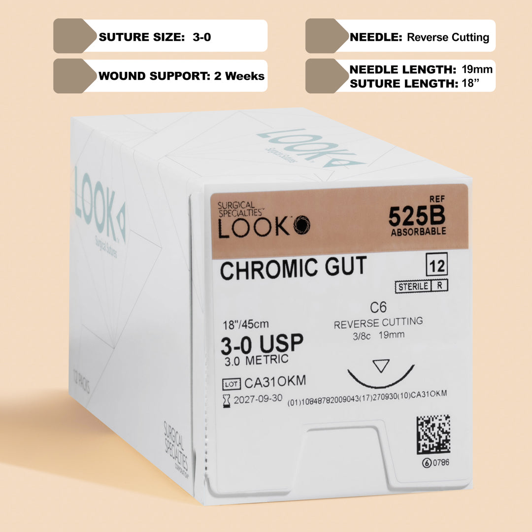 Box of Look Chromic Gut Suture, reference 525B, contains 12 absorbable sutures, each 18 inches long with a 3-0 gauge and a C6 reverse cutting needle, ensuring reliable wound closure with enhanced tensile strength and predictable absorption.