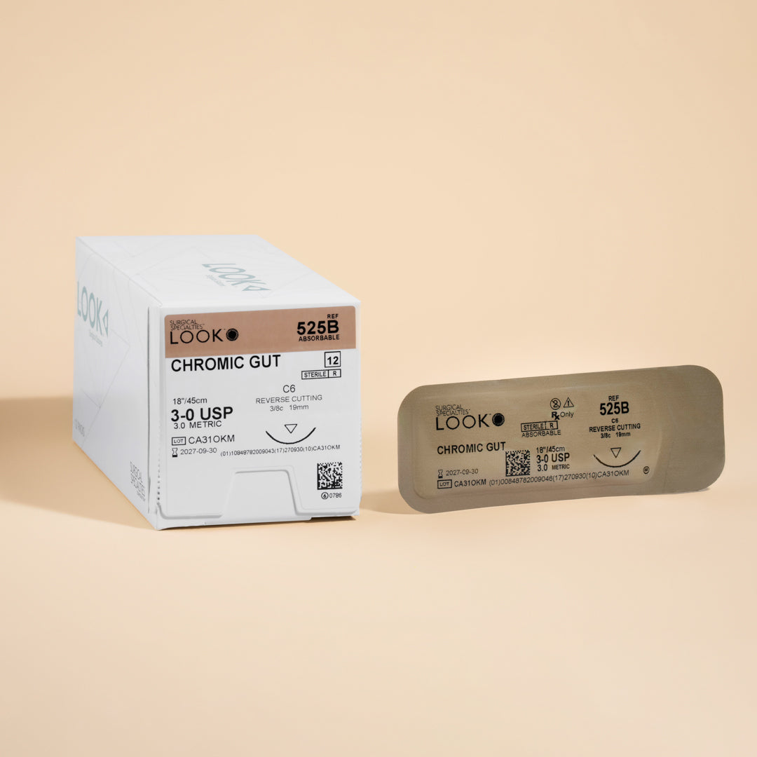 Box of Look Chromic Gut Suture, reference 525B, contains 12 absorbable sutures, each 18 inches long with a 3-0 gauge and a C6 reverse cutting needle, ensuring reliable wound closure with enhanced tensile strength and predictable absorption.