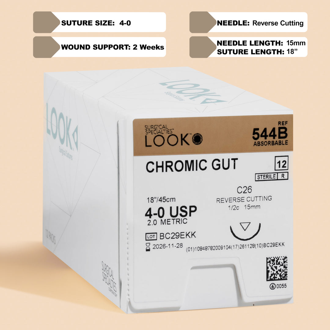 Box of 4-0 Chromic Gut sutures, model 544B, with 12 individually packaged sutures featuring a C-26 needle for precise suturing, providing extended support and consistent absorption for effective wound management.