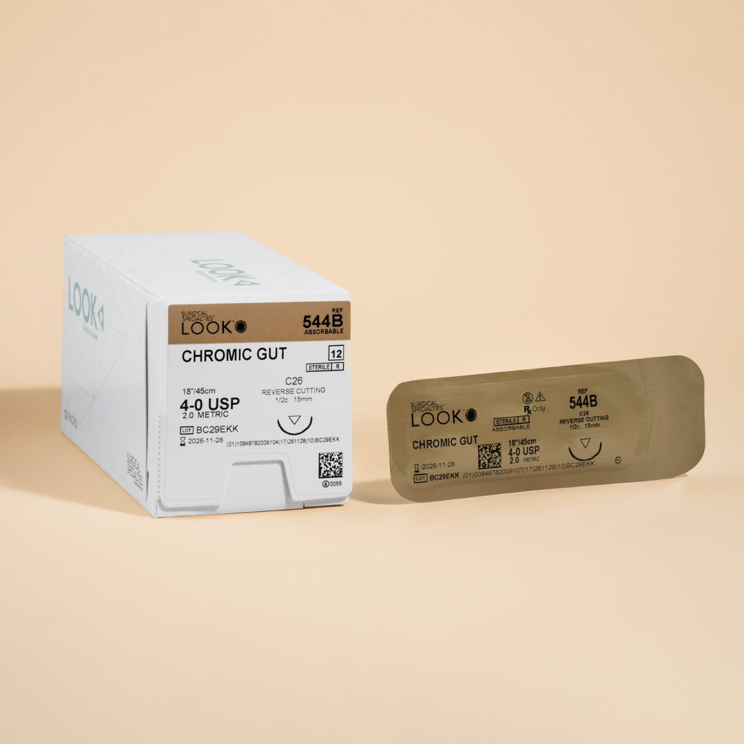 Box of 4-0 Chromic Gut sutures, model 544B, with 12 individually packaged sutures featuring a C-26 needle for precise suturing, providing extended support and consistent absorption for effective wound management.