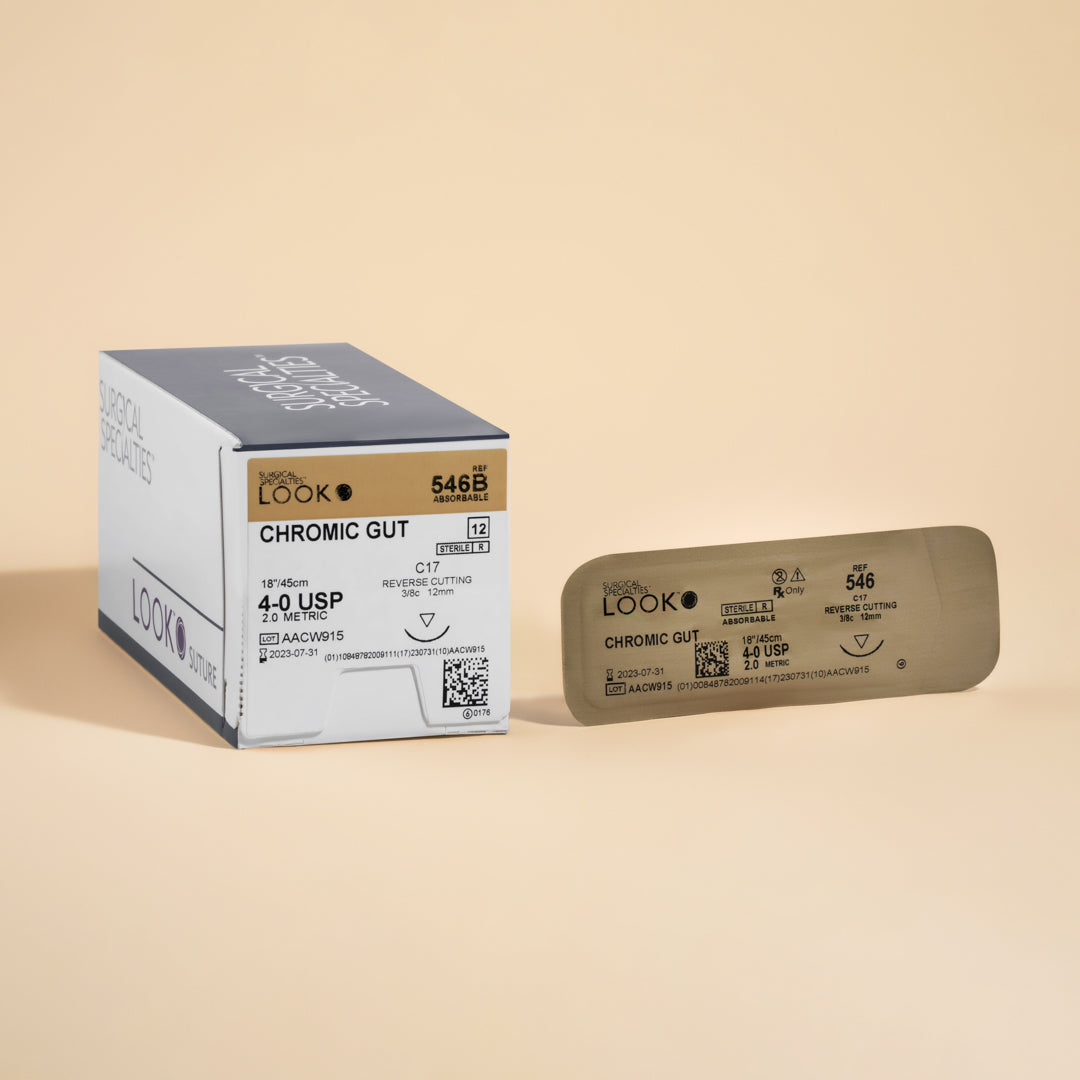 Box of 4-0 Chromic Gut sutures with a C-17 reverse cutting needle, model 546B, emphasizing the 2-week wound support duration and featuring a QR code for easy reference. The packaging highlights its sterility and absorbable nature tailored for effective wound management