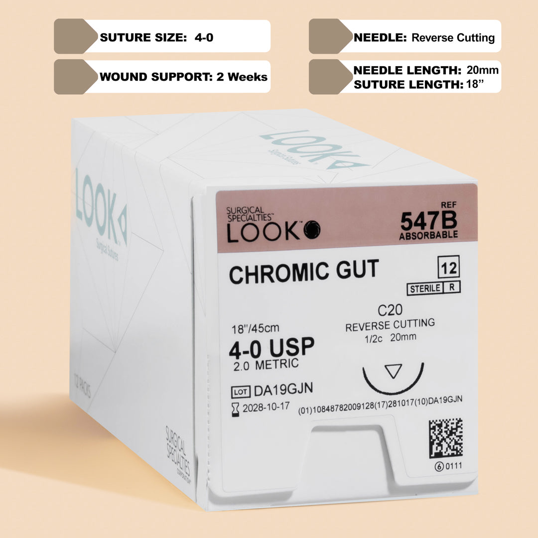 Box of 4-0 Chromic Gut sutures with a C-20 reverse cutting needle, model 547B, emphasizing the 2-week wound support duration and featuring a QR code for easy reference. The packaging highlights its sterility and absorbable nature tailored for effective wound management.