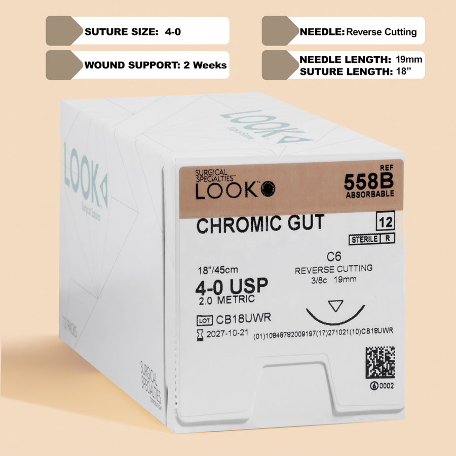 Fil de suture en catgut chromé 4-0, aiguille C-6 de 45 cm | 558B
