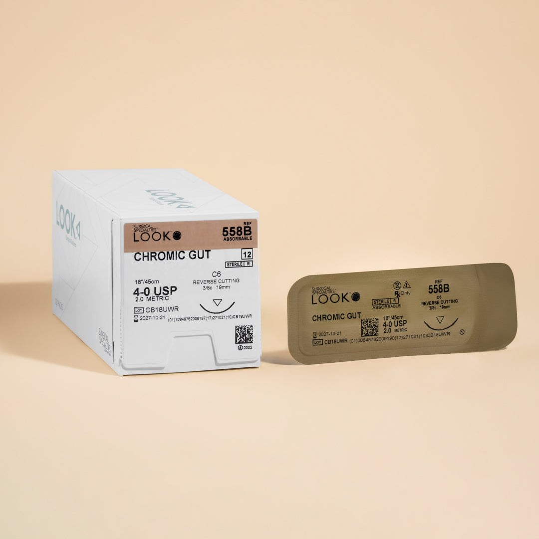 Product Specifications:  Suture Type: Absorbable Suture Material: Chromic Gut Suture Size: 4-0 (metric size 2.0) Suture Length: 18 inches (45 cm) Needle Type: C-6, reverse cutting Needle Length: 19 mm Quantity per Box: 12 sutures Wound Support: 2 Weeks Color: Brown (due to chromic processing)