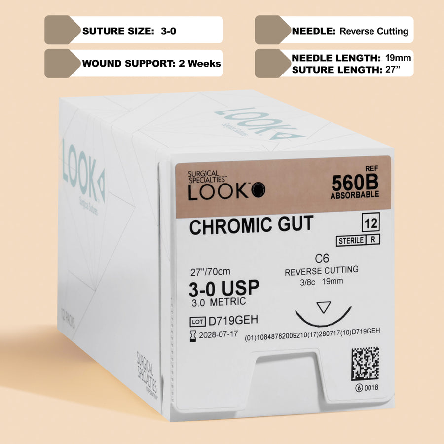 Fil de suture chromic 3-0, aiguille C-6 de 68 cm | 560B