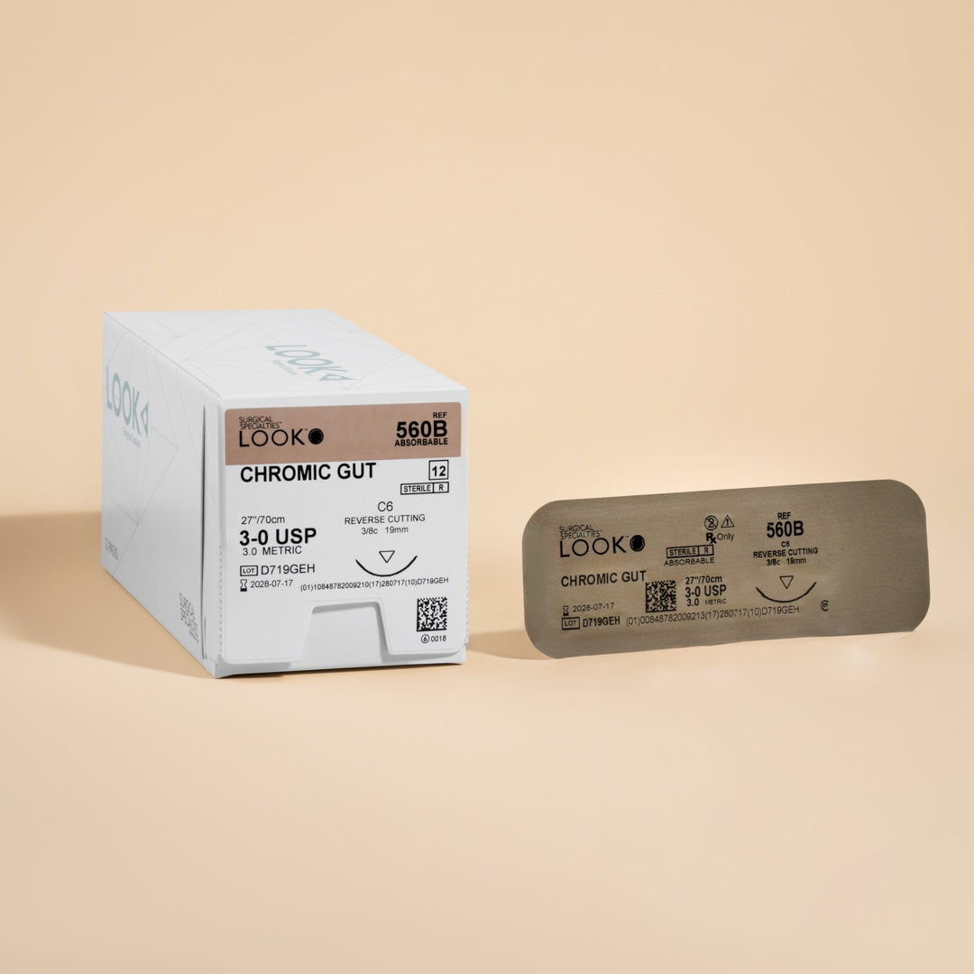 Box of 3-0 Chromic Gut sutures with a C-6 reverse cutting needle, model 560B, emphasizing the 2-week wound support duration and featuring a QR code for easy reference. The packaging highlights its sterility and absorbable nature tailored for effective wound management.
