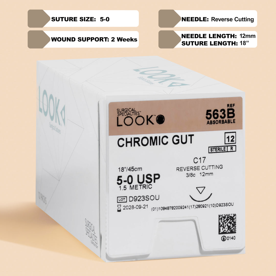 Box of 5-0 Chromic Gut sutures with a C-17 reverse cutting needle, model 563B, emphasizing the 2-week wound support duration and featuring a QR code for easy reference. The packaging highlights its sterility and absorbable nature tailored for effective wound management.