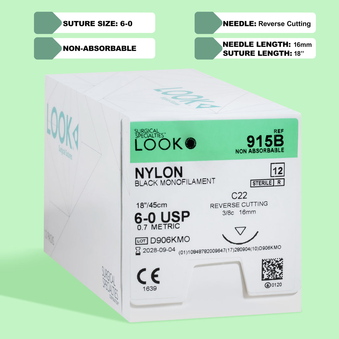 Box of LOOK™ 6-0 Nylon Black sutures featuring a C22 reverse cutting needle, product number 915B, highlights its non-absorbable nature and is designed for long-term wound support. The packaging includes a QR code for easy product identification and emphasizes the suture's durability and smooth passage through tissue.
