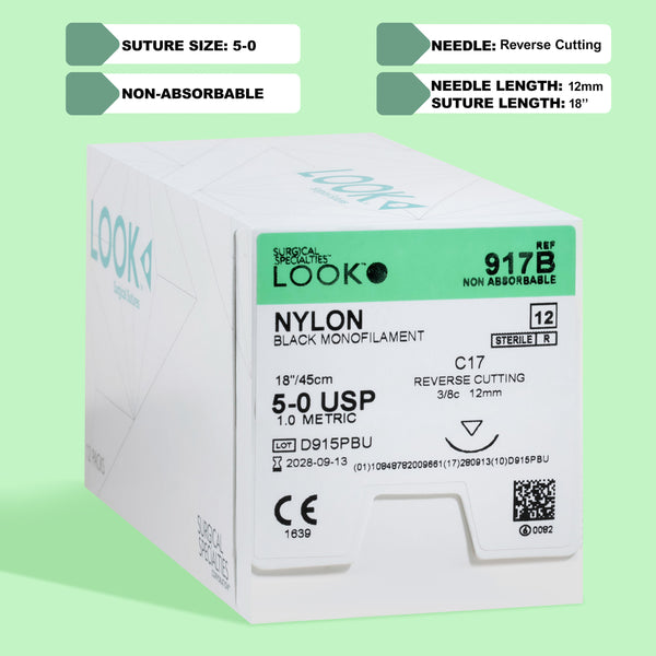 Box of 5-0 Nylon Black sutures with a C-17 reverse cutting needle, model 917B, indicates non-absorbable suture material designed for long-term tissue approximation. The packaging includes a QR code for straightforward product identification and emphasizes the high tensile strength and durability of the sutures.