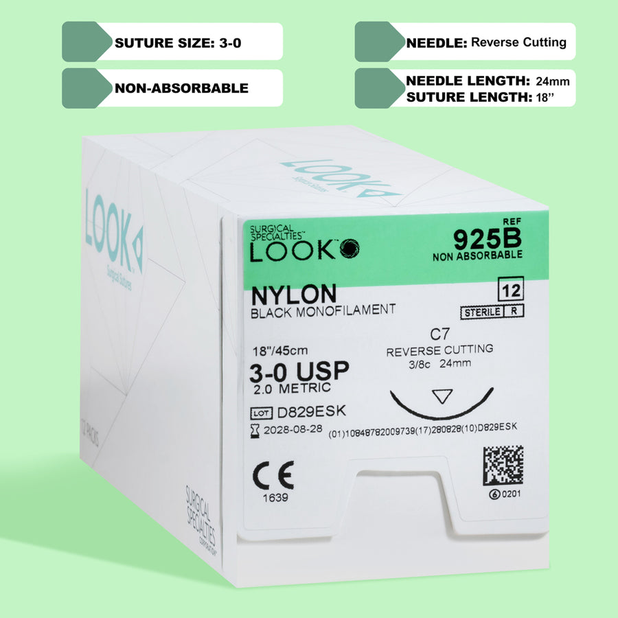 Fil de suture en Nylon noir 3-0, aiguille C-7 18" | 925B