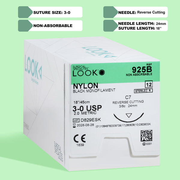 Box of 3-0 Nylon Black sutures with a C-7 reverse cutting needle, model 925B, indicating a non-absorbable suture material designed for permanent tissue approximation. The packaging features a QR code for easy product identification and underscores the suture's suitability for a wide range of surgical applications.