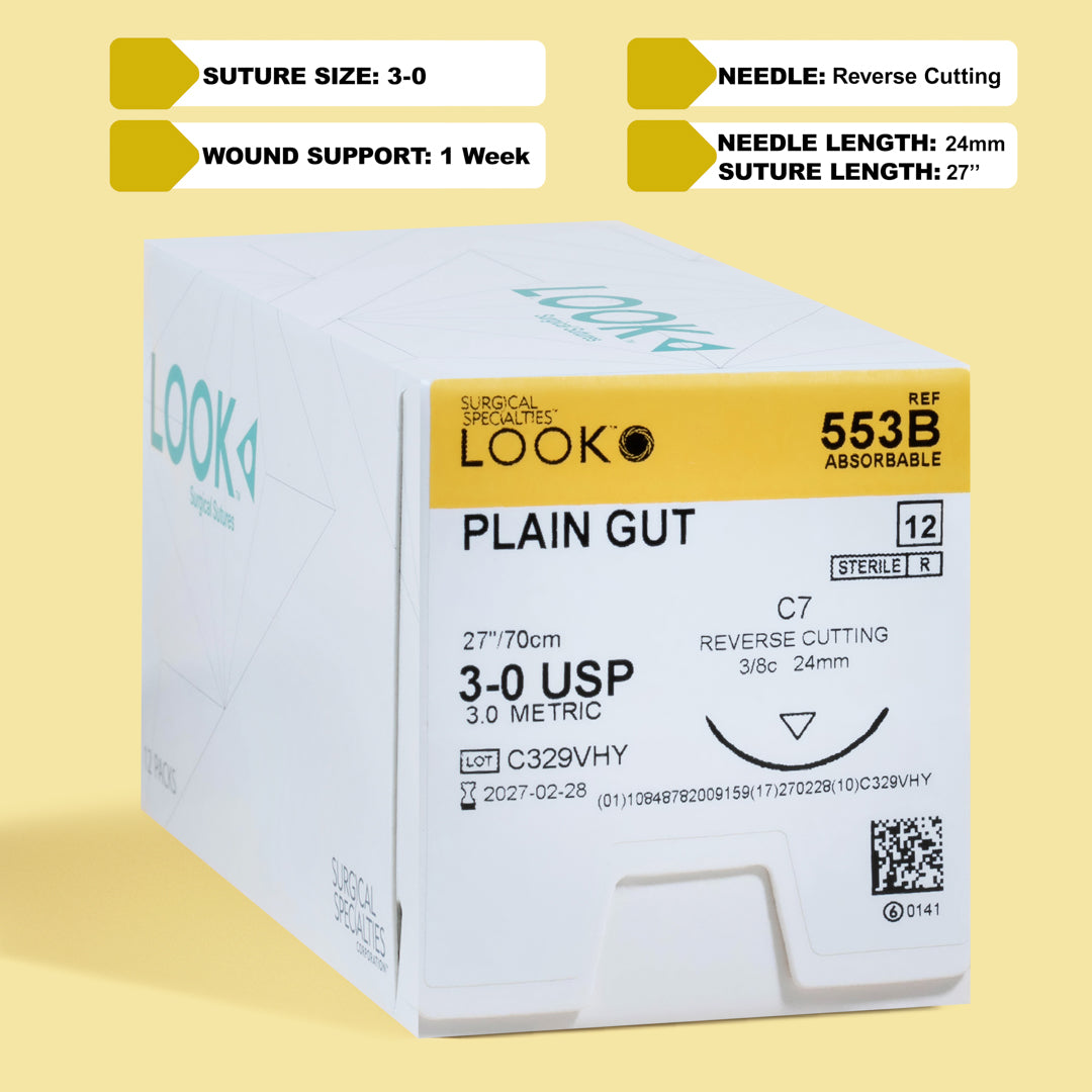 Box of 3-0 Plain Gut sutures with a C-7 reverse cutting needle, model 553B, highlighting the 1-week wound support and including a QR code for straightforward reference. The packaging emphasizes its sterile and absorbable properties for efficient wound care.