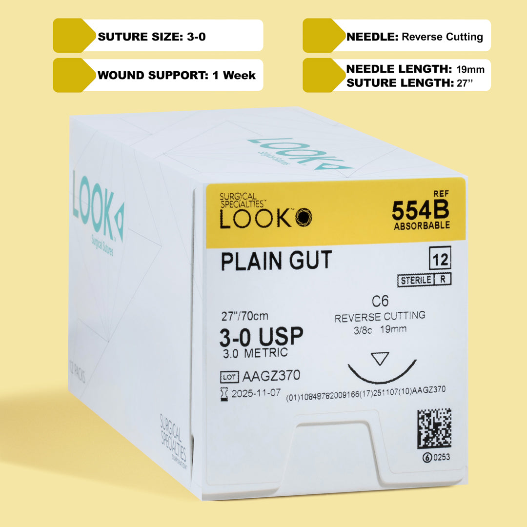 Box of 3-0 Plain Gut sutures with a C6 reverse cutting needle, model 554B, highlighting the 1-week wound support and including a QR code for straightforward reference. The packaging emphasizes its sterile and absorbable properties for efficient wound care.