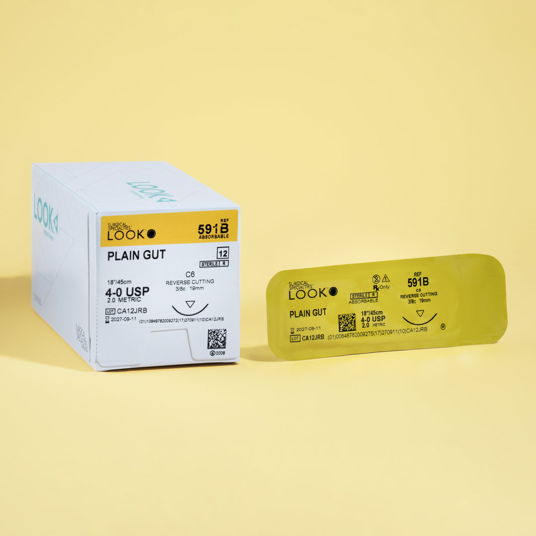 Box of 4-0 Plain Gut sutures with a C6 reverse cutting needle, reference number 591B, emphasizing the 1-week wound support with a QR code for easy access to information. The packaging confirms its sterile condition and the suture's quick absorption profile for effective wound care.